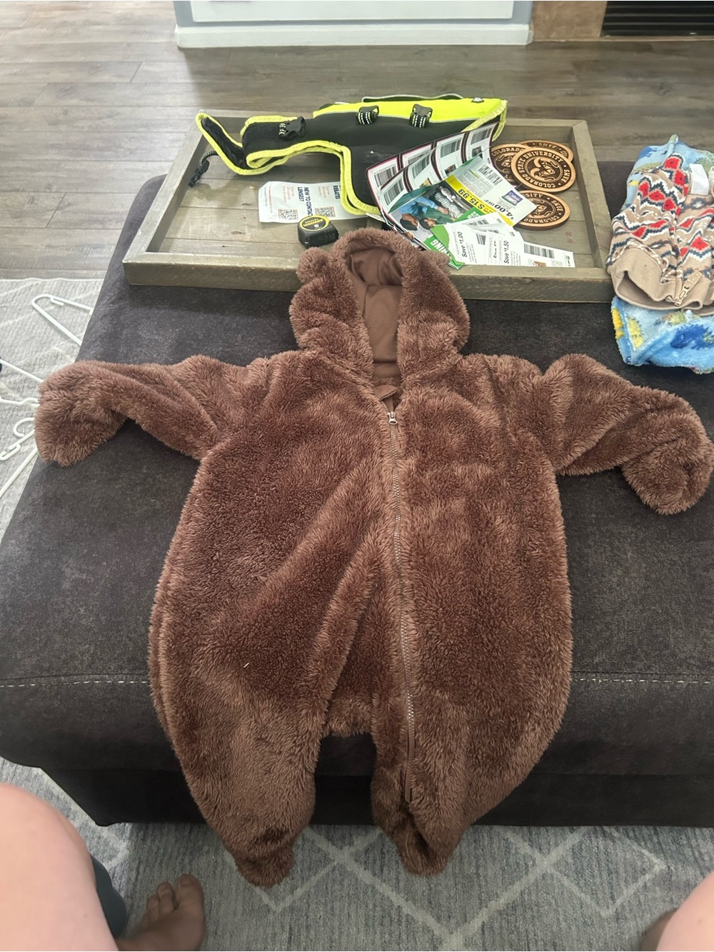 Plush Brown Hooded Baby One-Piece Fleece Romper